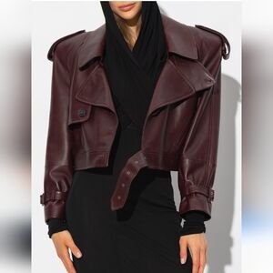 100% Leather Burgundy Cropped Jacket with Wide Collar and Belt